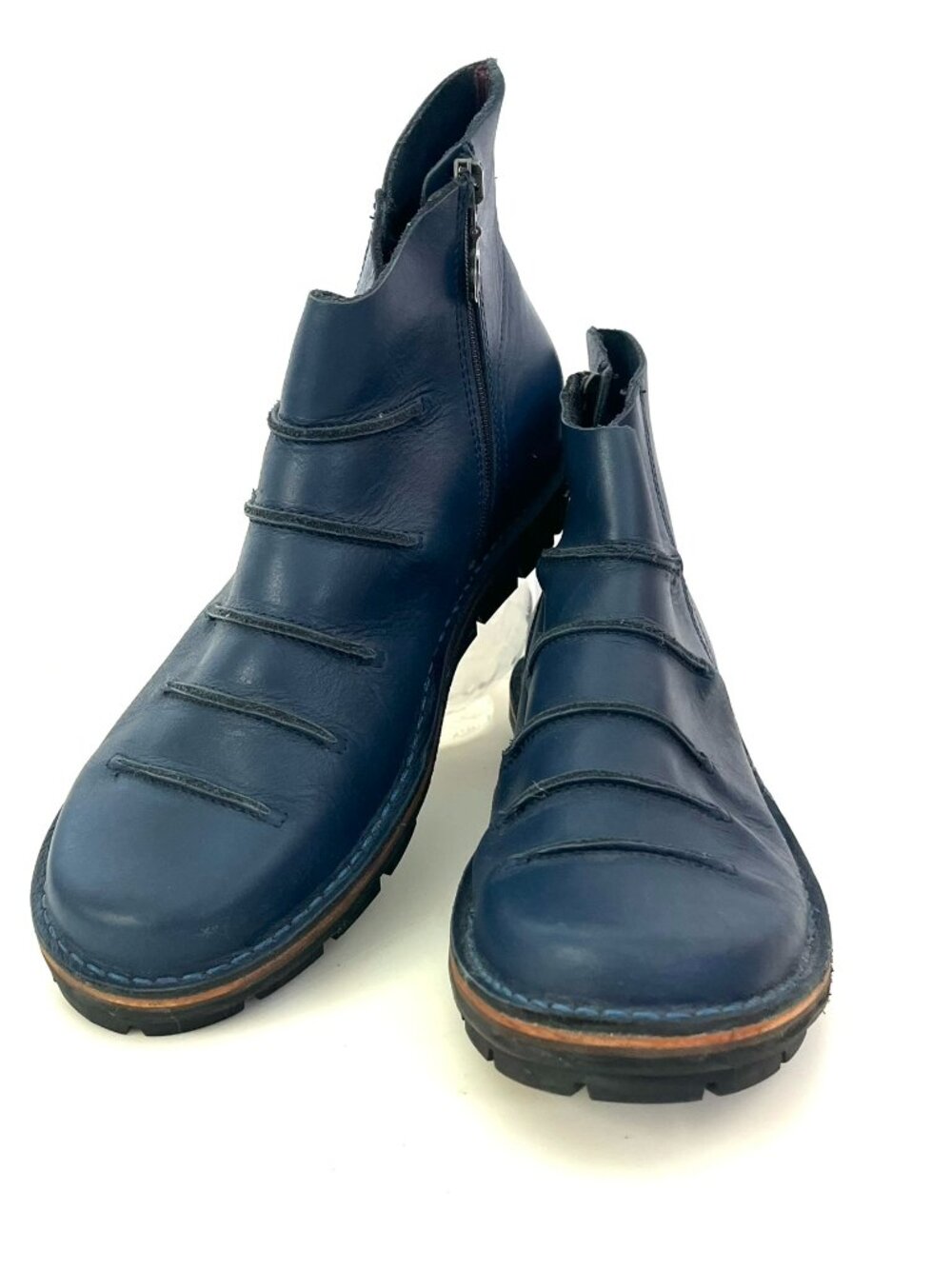 Loints of Holland Ankle Boots Naomi Navy Blue Leather Ribbed Slats Side Zip EU38